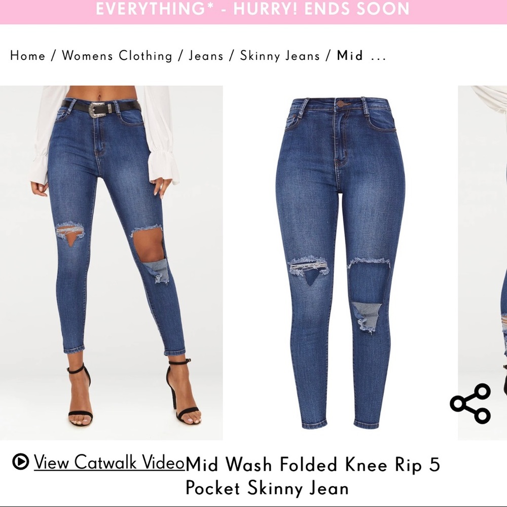 PRETTY LITTLE THING SKINNY MID WASH FOLDED KNEE RIP JEANS NWT SIZE 0